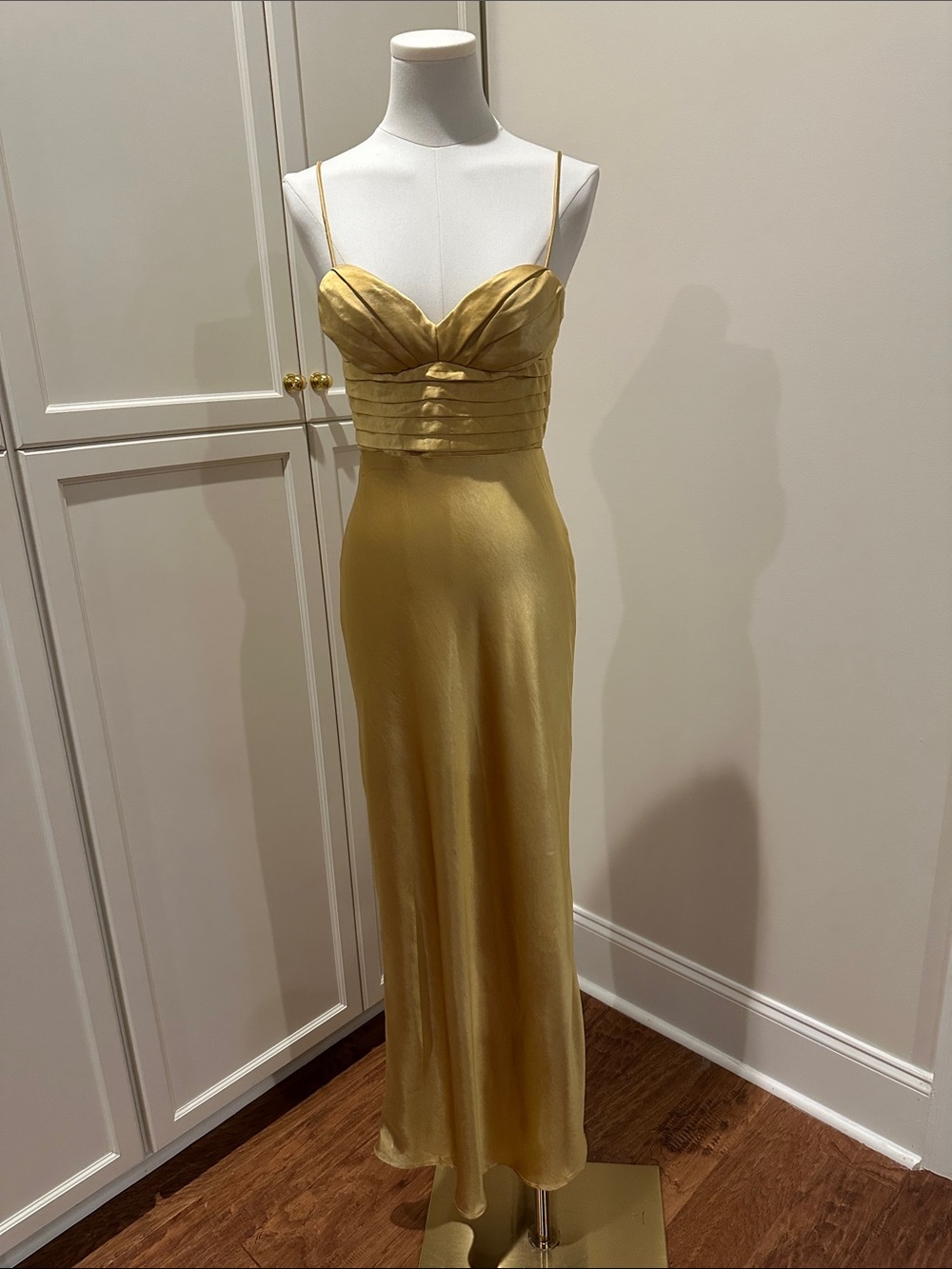 Selfie Leslie Gold Satin Strapless Evening Gown